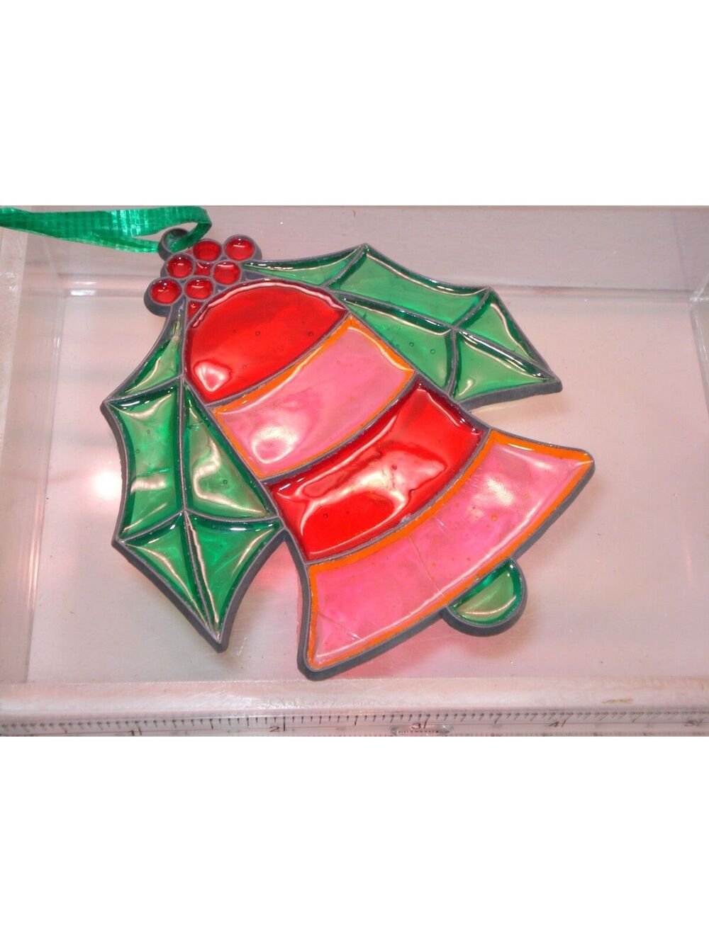 Vintage Stained Glass Leaded CHIRSTMAS Bell W/ Holly Leaves Sun Catcher Holiday